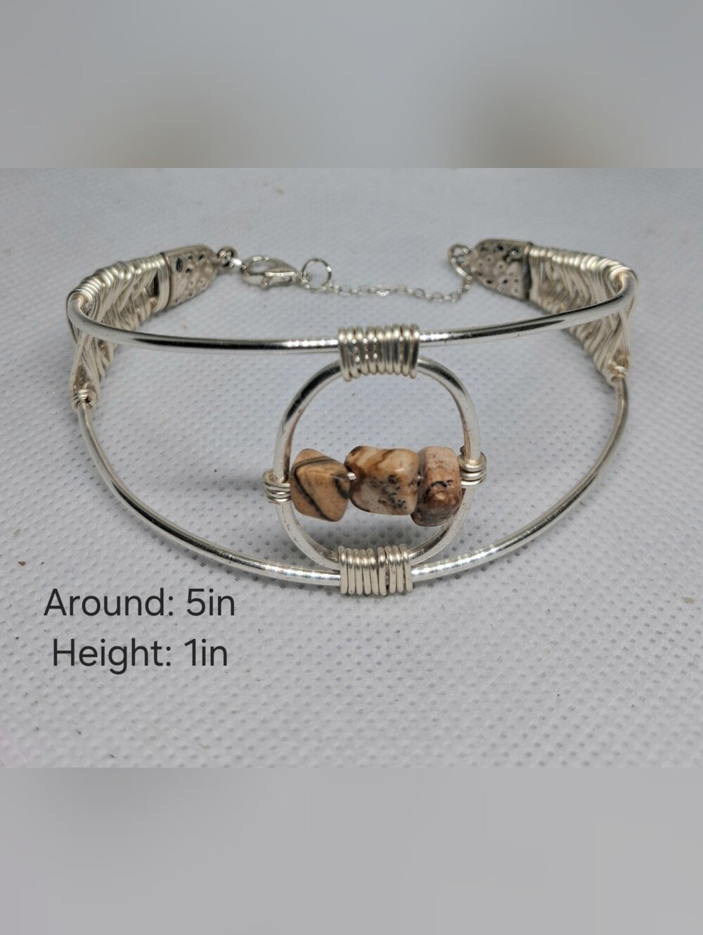 Silver-Tone Beaded Hoop Cuff Bracelet with Beige Jasper Stones